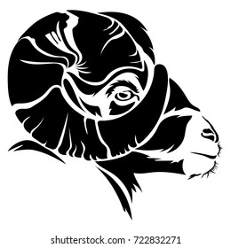 Vector flat illustration of a black silhouette head of the mountain sheep. Element for design.