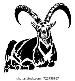 Vector flat illustration of black silhouette mountain goat. Element for design.
