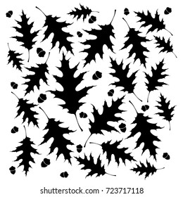 Vector flat illustration of black silhouette oak leaves and acorns. Element for design.