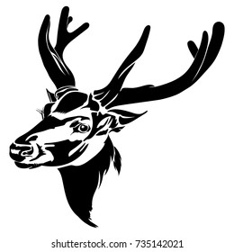 Vector flat illustration of black silhouette head of the deer on white background.