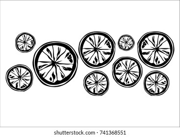 Vector flat illustration of black silhouette slices of the orange on white background.