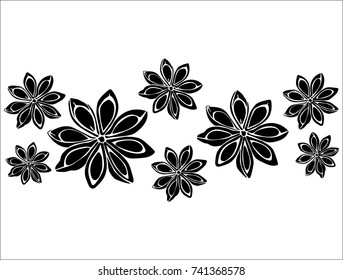 Vector flat illustration of black silhouette seeds of star anise on white background.