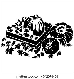 Vector flat illustration of black silhouette autumn design with pumpkins and leaves on white background.
