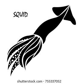 Vector flat illustration of black silhouette squid on white background.