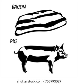 Vector flat illustration of black silhouette bacon and pig on white background.