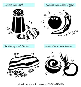 Vector flat illustration of black silhouette spices and vegetables on white background.