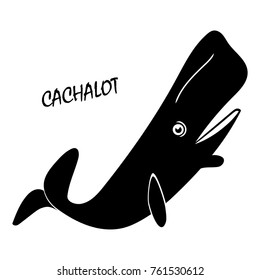 Vector flat illustration of black silhouette cachalot on white background. Element for design.