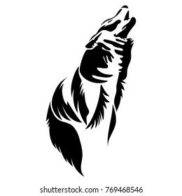 Vector flat illustration of black silhouette wolf on white background. Element for design.