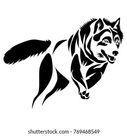 Vector flat illustration of black silhouette wolf on white background. Element for design.