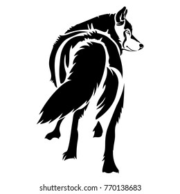Vector flat illustration of black silhouette wolf. Isolated on white background. Element for design.
