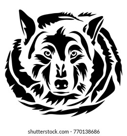Vector flat illustration of black silhouette head of the wolf. Isolated on white background. Element for design.