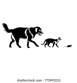 Vector flat illustration of black silhouette dog cat and mouse on white background. Elements for design.