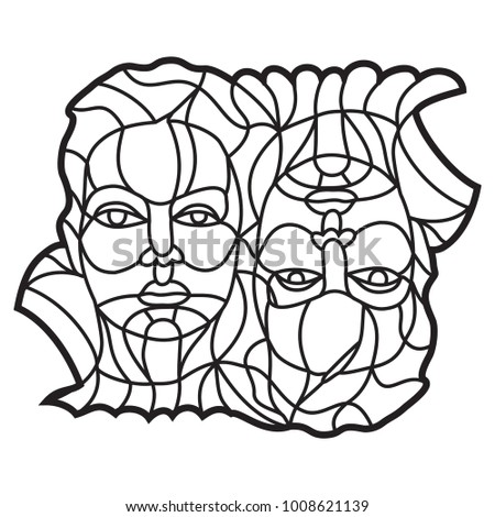 Vector flat illustration of black silhouette zodiac sign. Isolated on white background. Stained glass. Element for design. Gemini. Twins.