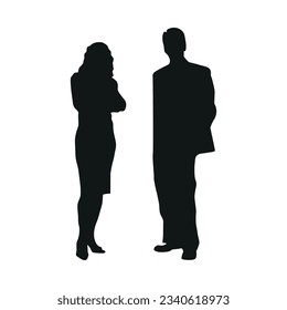 Vector flat illustration. Black silhouettes of a man and a woman isolated on a white background. Business people.