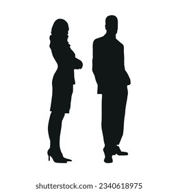 Vector flat illustration. Black silhouettes of a man and a woman isolated on a white background. Business people.