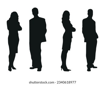 Vector flat illustration. Black silhouettes of men and women isolated on a white background. Business people.