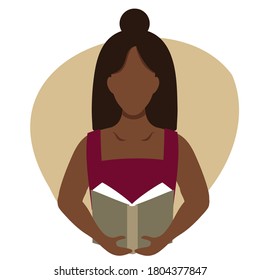 Vector flat illustration of a black woman reading a book. Education, training, book lovers club infographics, central illustration. An African American woman holds a book in a flat style. Black girl