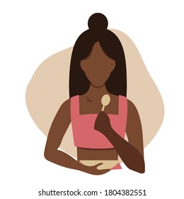 Vector flat illustration of a black woman eating. Healthy eating and balance, infographics, center illustration. African American woman holding a plate with a spoon in flat style. Black girl is