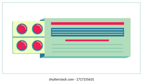 Vector flat illustration with a blister with pills in a box. Stylized drawing for your web site design, logo, app, UI. Isolated stock illustration on white background.