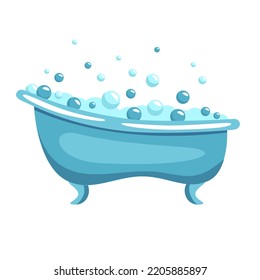Ilustración plana vectorial de la bañera azul sobre un fondo blanco.Baño de burbujas