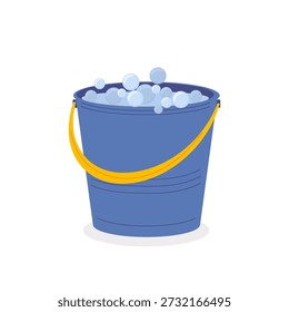 Vector flat illustration with blue bucket filled with soapy foam. Concept of cleanliness, cleaning.