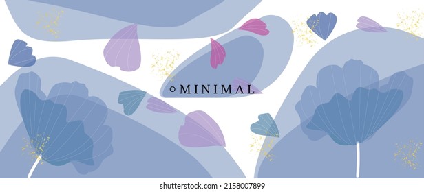 Vector flat illustration. Blue flowers and petals. With a golden sheen.Illustration for prints, wall art, cover and invitation.