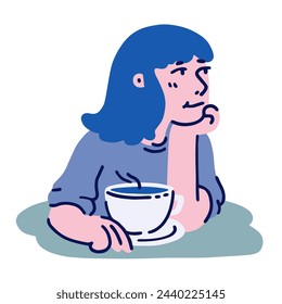 Vector flat illustration of blue girl. Woman sitting in cafe, enyoing her drink at the table. Cute cartoon character design. 
