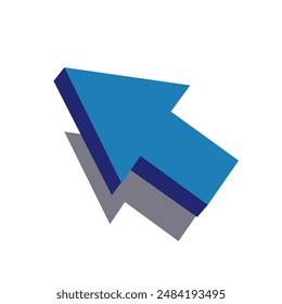 Vector flat illustration of blue glossy direction pointer top, computer mouse sign to click buttons, website design element. Blue pointing arrow sign with shadow