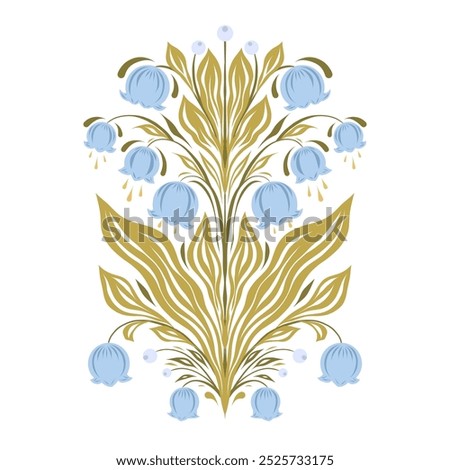 Vector flat illustration of blue lilies of the valley. Floral symmetrical arrangement on white background. Decorative spring flowers clip arts for postcards and stickers