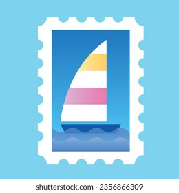Vector flat illustration of a blue mini post stamp with a yacht in sea. Collectible vintage item with art of a ship in ocean. Logo idea for vessel company. 