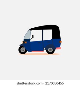 Vektorflache Illustration eines blauen motorisierten Rickshaw. Kolloquium als "bajai" oder "bajaj" in Jakarta, Indonesien, "tuktuk" in Thailand und auch "trike" in den Philippinen bekannt.