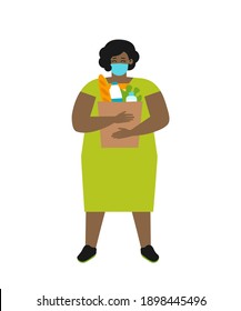 Vector flat illustration with body positive woman. She stands with paper bag for food. Chubby African American lady bought healthy fresh organic products. Fight with eating disorders without diets