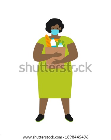 Vector flat illustration with body positive woman. She stands with paper bag for food. Chubby African American lady bought healthy fresh organic products. Fight with eating disorders without diets