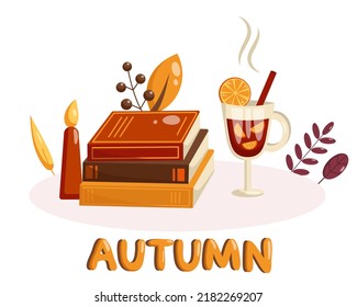 Ilustración vectorial plana de un libro y de un vino mulado. Acogedora ilustración de otoño. Tarjeta de saludo de otoño