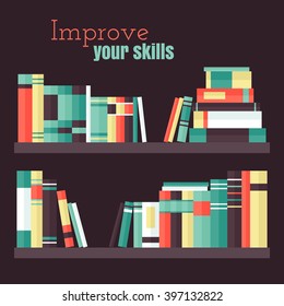 Vector flat illustration with bookshelf. Improve your skills