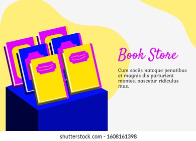 vector flat illustration bookstore with books on the shelf. can be used for web blog presentation animation banner poster motion graphic flyer brochure landing page promotion. 