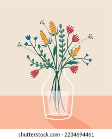 Vector flat illustration of a bouquet of flowers in a transparent vase. Bouquet of flowers for a postcard, poster in a flat style