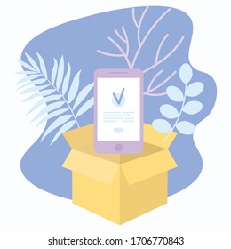 Vector flat illustration with box and smartphone. Delivery illustration.