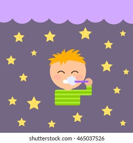 Vector flat illustration of boy brushing teeth. Elements for design on dark blue background. Yellow, green, orange, purple, white colors.