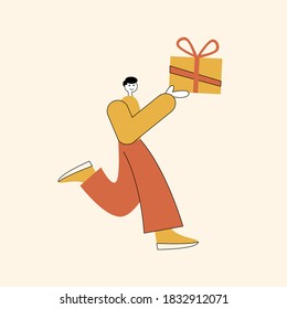 Vector flat illustration of a boy carrying a box with a gift.