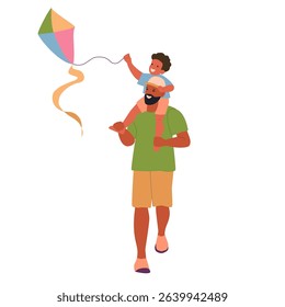 Vector flat illustration. Boy on father's shoulders holds kite string. Colorful kite flies in blue sky. Father holds him securely. Joyful faces. Transparent BG, ample copy space. Childhood, family fun