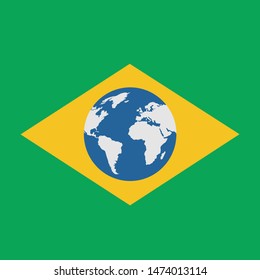 Vector Flat Illustration of Brasil Flag with World Map blue Sphere in the middle. Yellow and Green Background