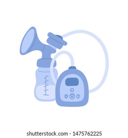 Vector flat illustration - Breast pump to increase milk supply for breastfeeding mother and child feeding bottle with breastmilk isolated icon on white background 