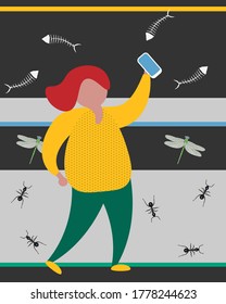 Vector flat illustration of a bright man with a phone on an unusual background with the image of insects.