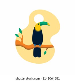 
Vector flat illustration of a bright tropical bird Toucan on a floral background. 