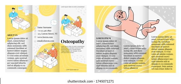 Vector flat illustration brochure layout on both sides. Concept receiving children s osteopathic doctor, chiropractor. It can be used for medical centers, private offices osteopaths, physiotherapists.