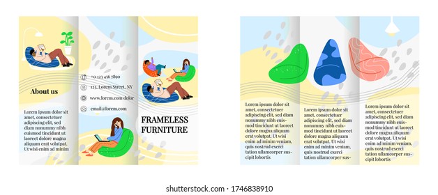 Vector flache Illustrationsvorlage gefaltet in drei, beide Seiten. Es zeigt glückliche Familie auf Stühlen, Taschen, Stuhl gepolstert, auf abstraktem Hintergrund. Konzept der Werbung Frameless Möbel.