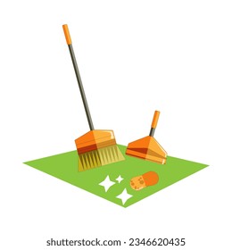 Vektorflache Illustration - Bürste, Pfanne und Schwamm auf dem Teppich. Hausreinigung, Teppichreinigung, Hausreinigung.