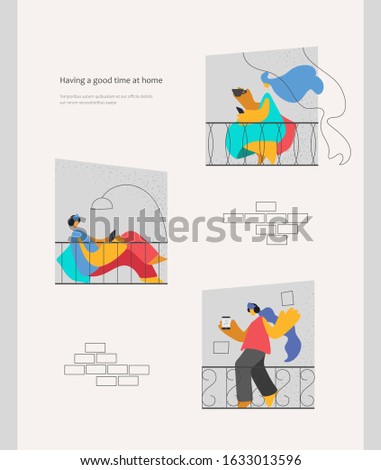 Vector flat illustration of a building with people looking out of the windows of balconies. Man and women have a good time at home, dance, relax, read, drink tea, listen to music, chat with friends