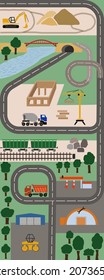 Vector Flat Illustration Of Building Site. Pattern Of Carpet Board Game For Kids With Excavator, Road, Truck, Bridge, Crane, Storage, Repair Hangar, Railway, Wagons, Petrol-station, Concrete Mixer.